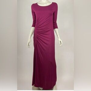 Peruvian Connection Ruched Maxi BLACK Dress Round Neck Stretch Pima Cotton L